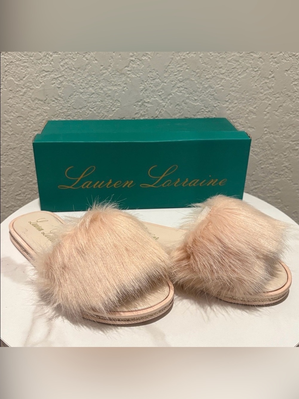 Lauren Lorraine Blush Faux-Fur Slide Slippers